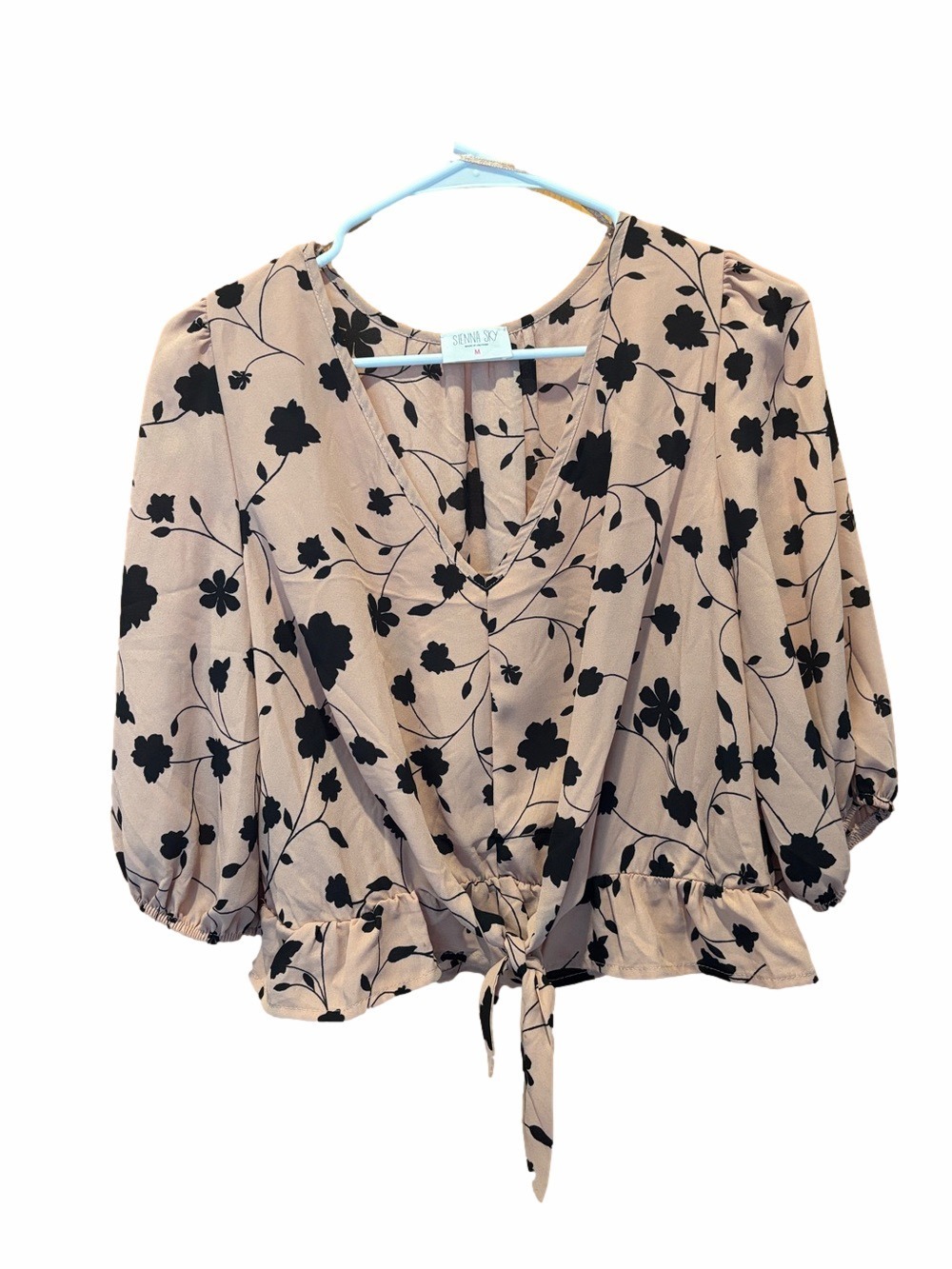 Sienna Sky Blush and Black Floral Tie Front 3/4 Sleeve Blouse Size Medium